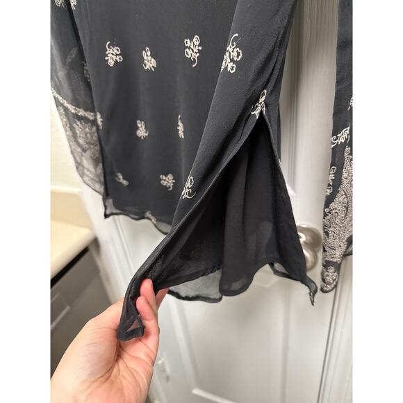 Y2K Black V Neck Floral Paisley Print Fairy Sleeves Silk Baby Doll Top Size XL - Picture 6 of 7